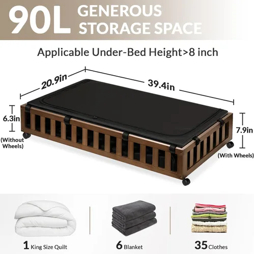 Miniatura 2 de Gashell Paquete de 2 Almacenamiento de Bambú Bajo la Cama con Ruedas, 39"x20"x7.8" Contenedores de Almacenamiento Grandes Bajo la Cama (Marrón)