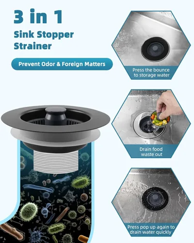 Miniatura 4 de Combo Universal 3 en 1 de Colador y Tapón de Drenaje para Fregadero de Cocina, Carcasa de Acero Inoxidable Negro con Tapón Emergente para Filtro