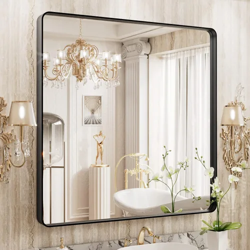 Miniatura 15 de WEER - Espejo de baño dorado, espejo de 40x32 pulgadas con marco de metal dorado cepillado, espejo de tocador de baño de oro para pared