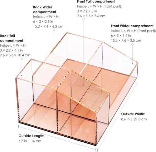 Miniatura 3 de Organizador de brochas de maquillaje de acrílico transparente con base metálica de oro rosa, 4 compartimentos organizadores de oficina