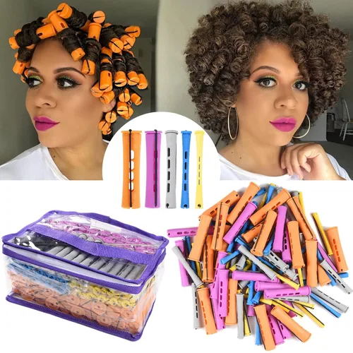 Juego de 100 varillas permanentes – 5 tamaños de rodillos de onda fría para rizos naturales, peinado y peluquería (naranja, morado, gris, azul,