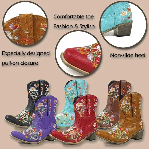 Miniatura 6 de Vimisaoi Botas de tobillo para mujer, estilo retro, puntiagudas, tacón medio, bordadas, vaquera occidental, botas vaqueras