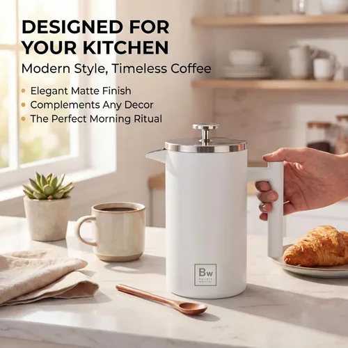 Miniatura 2 de Barista Warrior Prensa francesa con termómetro, prensa de café aislada, cafetera de acero inoxidable (1.0L 34 fl oz) (blanco)