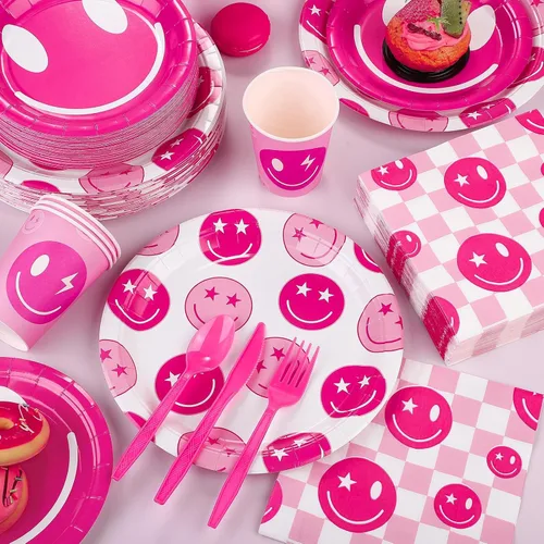 Miniatura 5 de Durony 350 Piezas Decoraciones de Cumpleaños Preppy Suministros de Fiesta Disco Cowgirl para 50 Invitados Platos de Papel Sonrisa Cara Rosa, Copa