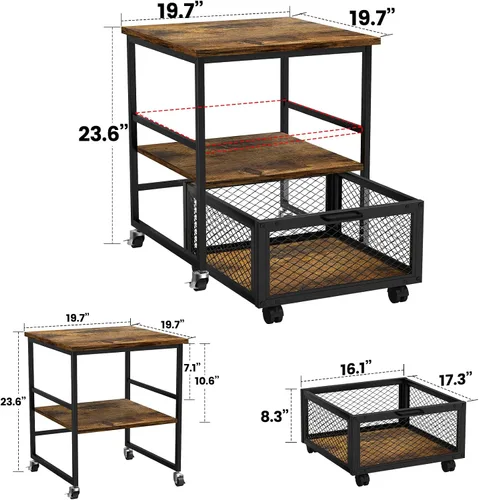 Miniatura 5 de Mini soporte móvil para refrigerador de 19.7 x 19.7 pulgadas con 3 almacenamientos, mesa pequeña para refrigerador de bebidas con ruedas, carrito