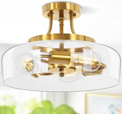 Miniatura 12 de Lámpara de techo industrial moderna semiempotrada con pantalla de vidrio transparente, lámpara de techo negra de 3 bombillas para cocina