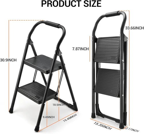 Miniatura 7 de Taburete para Adultos, Escalera de 2 Escalones Plegable 330lbs Antideslizante, Taburete Plegable Ergonómico de 2 Escalones de Acero con Pedal Ancho