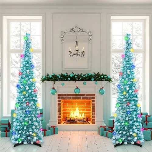 Miniatura 2 de MACTING Árbol de Navidad desplegable con 50 luces LED con temporizador, 5 pies, árbol de lápiz de oropel plegable de fácil montaje, árbol artificial