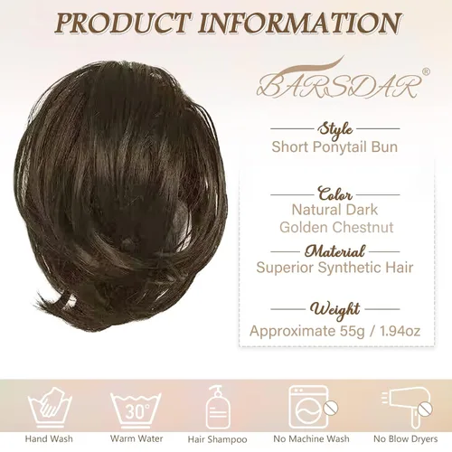 Miniatura 4 de BARSDAR Extensiones de Moño de Cabello Castaño - Extensiones de Moño de Cola de Caballo Recta y Corta para Mujeres, Postizos Sintéticos Resistentes