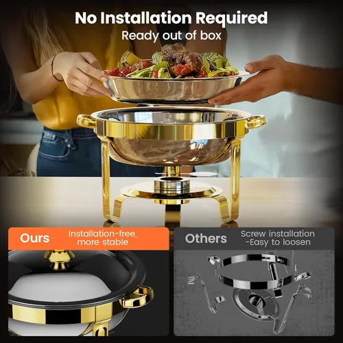 Miniatura 10 de Platos Calentadores Redondos para Buffet Paquete de 4, Chafers de 5QT y Calentadores de Buffet con 2 Guantes Resistentes al Calor, 4 Cucharas, 4