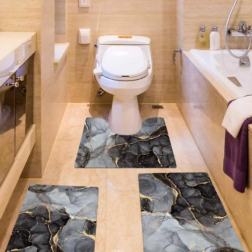 Miniatura 2 de EMMTEEY Juego de alfombras de baño de 3 piezas, alfombra de baño de mármol negro, gris y dorado, antideslizante, absorbente, para debajo