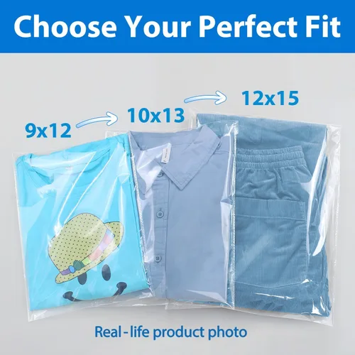 Miniatura 9 de PigPotParty Bolsas de plástico transparentes de 9" x 12" para camisetas con etiquetas de tamaño de ropa, 100 piezas de bolsas de embalaje de manga