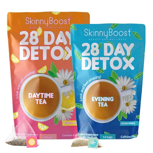 Miniatura 13 de SkinnyBoost - Kit de té desintoxicante de 2 paquetes – 1 de día HIBISCO (28 bolsas) + 1 de noche MANZANA CANELA (14 bolsas) – Desintoxicación herbal
