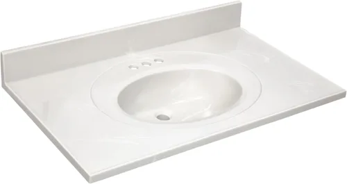 Miniatura 14 de Design House Tapa de tocador con lavabo, protector contra salpicaduras de 4 pulgadas, mármol cultivado, resistente a las manchas, agujeros Blanco