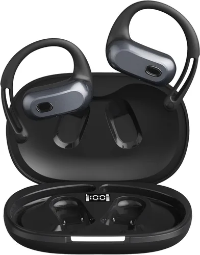Auriculares abiertos, colgador de oreja de silicona, sonido panorámico de 360 grados, conducción de aire, pantalla LED, IPX7 impermeable,