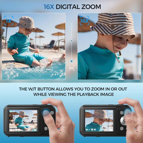 Miniatura 4 de Cámara digital, FHD 1080P 44MP Cámara de vlogging con tarjeta de 32 GB, zoom 16X antivibración, cámara digital compacta de punto de viaje y disparo