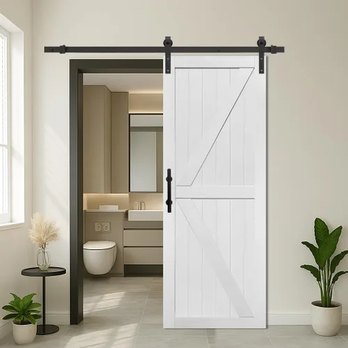 Miniatura 25 de S&Z TOPHAND® Puerta de granero doble de MDF de 18 x 84 pulgadas con kit de herrajes para puerta corredera de 6 pies, tablero sólido de puerta