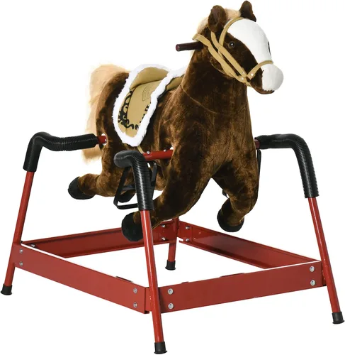 Qaba Caballo Mecedor de Resorte para Niños, Caballo de Montar para Niñas y Niños con Sonidos de Animales, Juguete de Peluche para Montar con Tacto