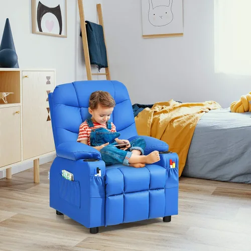 Miniatura 2 de Costzon Silla Reclinable para Niños con Portavasos, Silla de Salón de Cuero Ajustable con Reposapiés y Bolsillos Laterales para Habitación de Niños