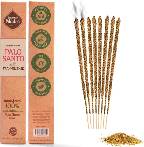 Miniatura 8 de Sagrada Madre 8 varillas de incienso de Palo Santo gruesas cosechadas salvajemente (a base de plantas), 9 pulgadas de largo, ecológicas, no tóxicas