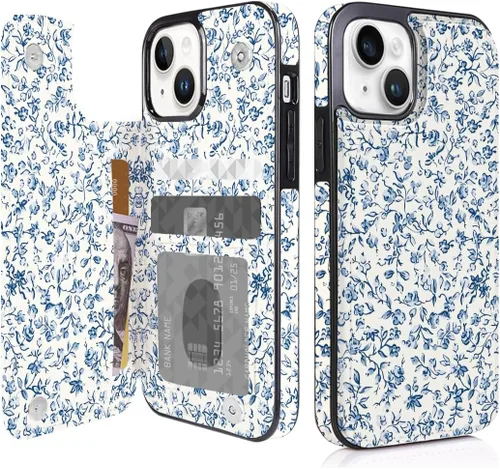 Miniatura 30 de Funda compatible con iPhone 14/15 con tarjetero y ranuras integradas de piel sintética con función atril y a prueba de golpes para iPhone 14/15