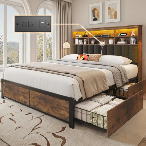 Miniatura 8 de Lifezone Bastidor de cama Queen con cabecera, base de cama Queen con estante de almacenamiento alto con cabecera, 4 cajones de almacenamiento y gris