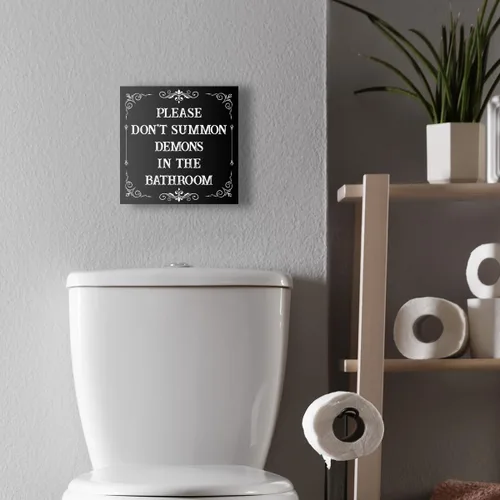Miniatura 7 de Divertido letrero gótico para baño, diseño gótico espeluznante con texto en inglés «Please Don't Summon Demons in the Bath», letrero de madera negra