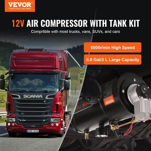 Miniatura 2 de VEVOR Compresor de aire de 12 V con tanque de 0.8 galones/3 L, compresor de aire de bocinas de tren, sistema de compresor de aire a bordo de 120 psi