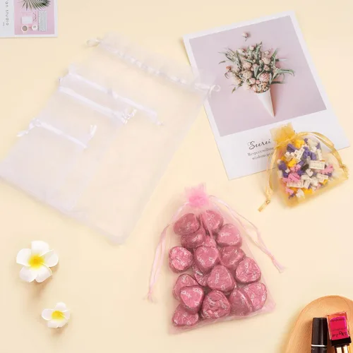 Miniatura 6 de Bolsas de organza de 4 x 6 pulgadas, paquete de 50 bolsas de regalo pequeñas de malla con cordón para dulces, fiestas, bodas, baby shower (dorado)