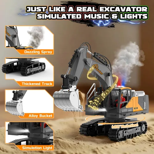 Miniatura 3 de Excavadora de juguete a control remoto para niños de 3 años, vehículo de construcción RC con aerosol, batería recargable/rotación de 680°, pala