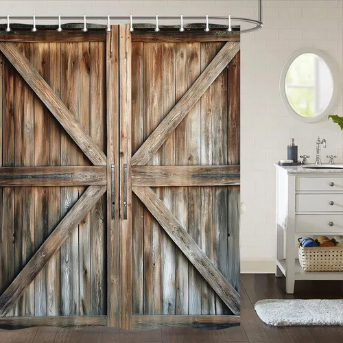 Miniatura 29 de Cortina de ducha de puerta de granero de madera rústica, 60 x 70 pulgadas, beige