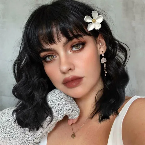 Miniatura 9 de NOBLE Peluca Rosa Naranja para Mujeres Peluca Durazno con Flequillo Pelucas Bob Rizadas Ombré con Flequillo de Aire Pelucas Sintéticas Cortas