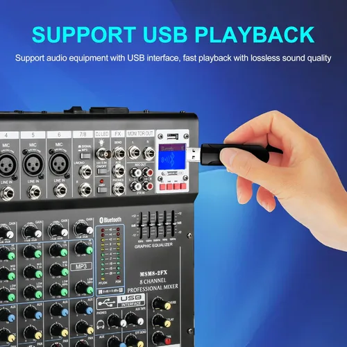 Miniatura 7 de Mezcladores DJ jindaaudio Consola de Mezcla de Audio de 8 Canales con Bluetooth, Interfaz de Audio USB con Alimentación Fantasma de 48V, Mesa