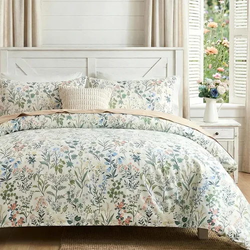 Juego de edredón floral verde, tamaño King, edredón 100% algodón, 3 piezas, suave, ligero, reversible, retro, floral, para todas las estaciones