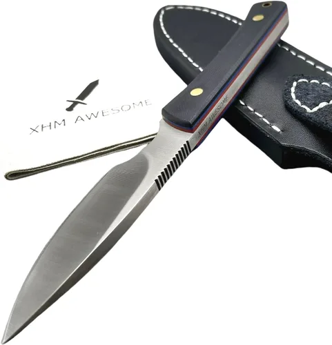 EDC Cuchillo de hoja fija, hoja de acero 7Cr13Mov de espiga completa, mango G10, funda de cuero, para caza, supervivencia al aire libre, campamento,
