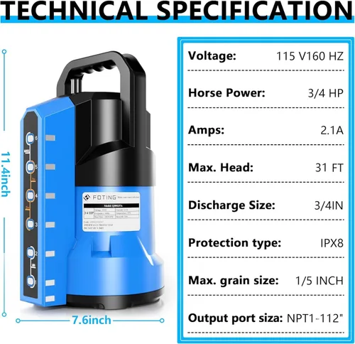 Miniatura 2 de FOTING Bomba de sumidero 3/4HP Bomba de agua sumergible automática de 4 modos, 2400 GPH termoplástica eléctrica portátil bomba de agua