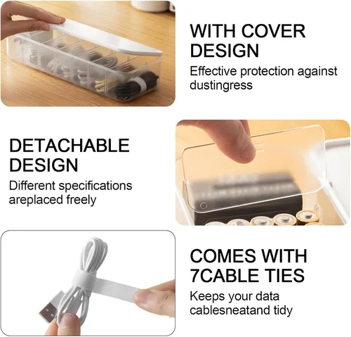 Miniatura 4 de Caja organizadora de cables con 14 bridas de alambre y 6 clips magnéticos para cables, caja de gestión de cables de escritorio con divisores y tapa
