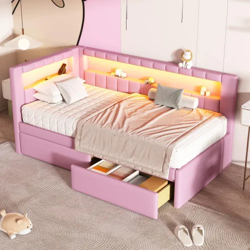 Miniatura 12 de Cama de plataforma tapizada de tamaño individual con puertos USB y luces LED, sofá cama con nido y cabecera en forma de L, cama esquinera suave