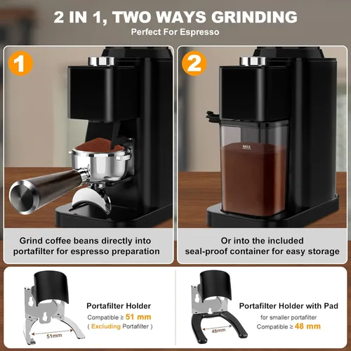 Miniatura 2 de Molinillo de Café Eléctrico con Rebaba Cónica para Espresso, Molinillo de Granos de Café para Uso Doméstico Mejorado con 48 Configuraciones