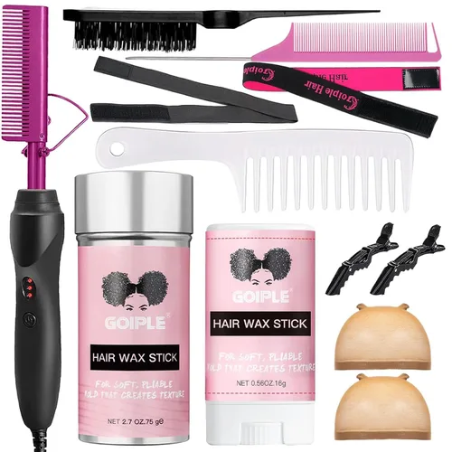 Goiple Peine caliente eléctrico alisador de pelo rosa, peine alisador eléctrico para pelucas de cabello negro natural con diente ancho/cola de rata,