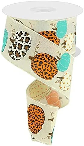 Cinta con borde con alambre de calabazas sobre lienzo con estampado de leopardo, 10 yardas (crema, turquesa, 2.5 pulgadas)