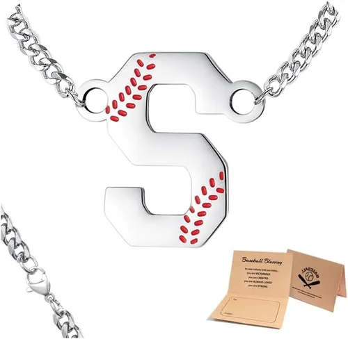 Miniatura 13 de QINJIEJIE Collar de béisbol inicial A-Z con letras, accesorios deportivos, colgante de encanto de béisbol, joyería de cadena de acero inoxidable 2-P