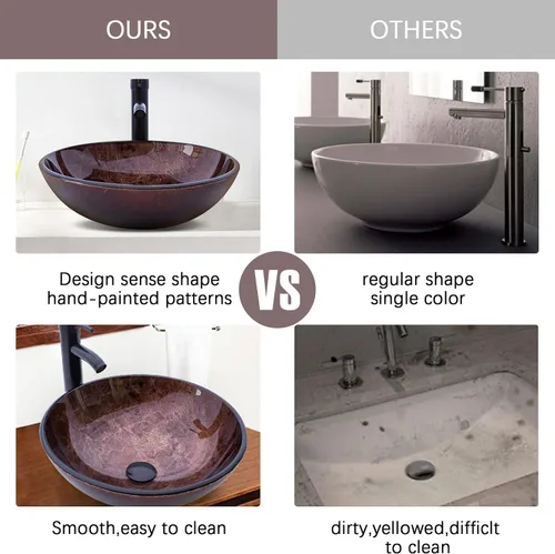 Miniatura 6 de Lavabo de Recipiente para Baño de 16.5" Lavabos de Recipiente de Vidrio Templado Marrón Lavabo de Arte Cuenco Redondo con Combo de Grifo Marrón