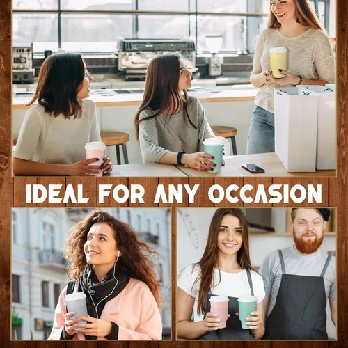 Miniatura 6 de Bokon Paquete de 100 tazas de café desechables de 16 onzas, tazas de café de papel de graduación a granel con tapas, popotes aislados