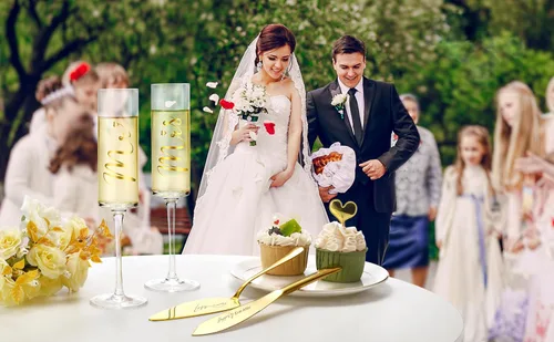 Miniatura 6 de ROXBURGH Juego de cuchillos y servidores para tartas de boda, novios, flautas y tenedores de champán con caja de regalo, juego de corte de pastel
