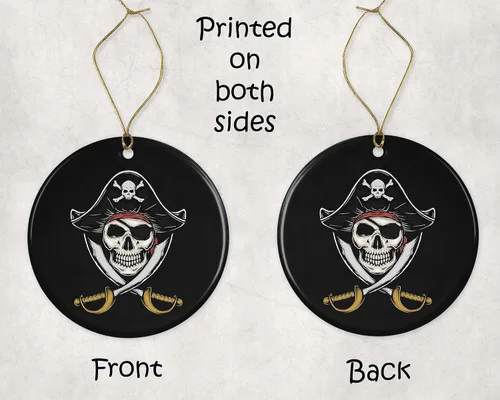 Miniatura 3 de Adorno navideño Jolly Roger con calavera pirata, espadas cruzadas, recuerdo, adorno de cerámica, idea de regalo, árbol de Navidad impreso en ambos
