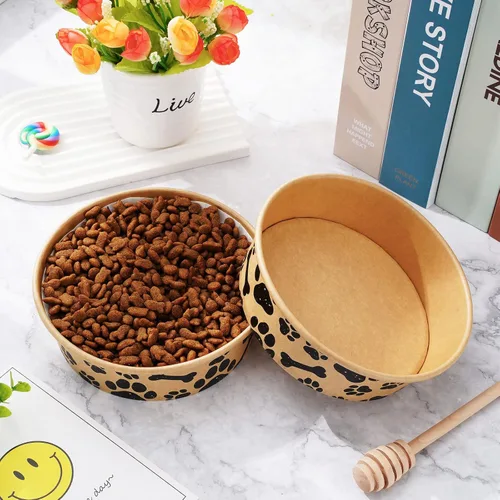 Miniatura 4 de Whaline 50 cuencos desechables para mascotas de 16 onzas, papel kraft para perros y gatos, pequeños cuencos de comida con diseño de huella de pata