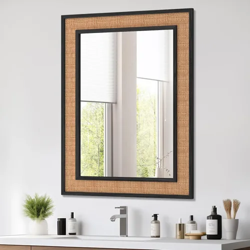 Rattan Wall Mirror with Wooden Framed 24 X 32 inch Farmhouse Rectangle Wood Mirror for Modern Decorative Bathroom, Living Room, Entryway, Bedroom