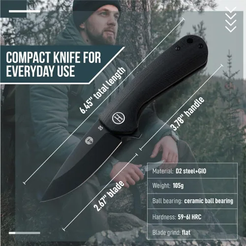 Miniatura 5 de Holtzman's Gorilla Survival Cuchillo plegable campesino con mango táctico G10, hoja de acero D2, juego de caja de regalo (negro) - Ideal para llevar