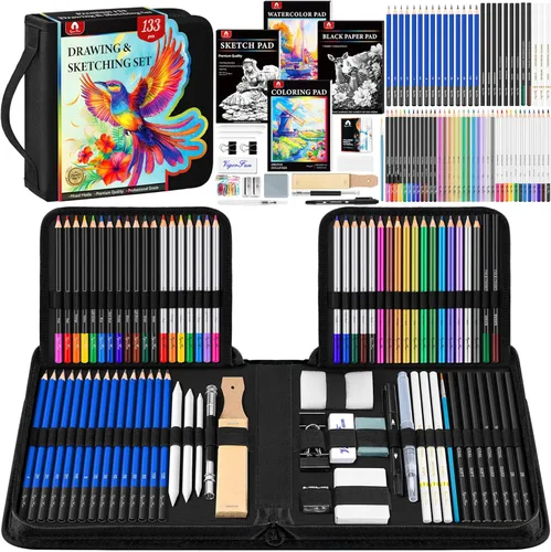 Miniatura 11 de Kit de bocetos de 106 piezas de suministros de arte, lápices de dibujo profesional con cuaderno de bocetos de 3 colores, libro para colorear, Negro
